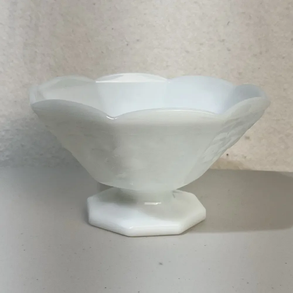 Anchor Hocking Harvest Grapevine White Milk Glass Compote Footed Pedestal Bowl
